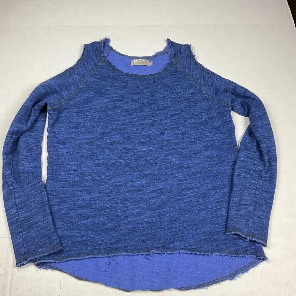 Nation LTD Sweatshirt Blue Frayed Cold Shoulder Long Sleeve Pullover Top MEDIUM